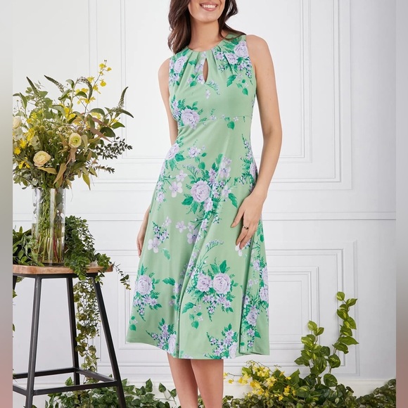NEW London Times Green Purple Floral Pleated MIDI Dress Size 10 - Picture 1 of 4